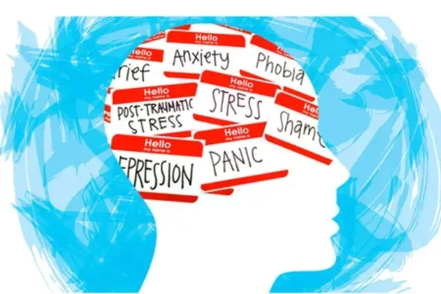 Ilustración de una cabeza con etiquetas de emociones y trastornos de salud mental