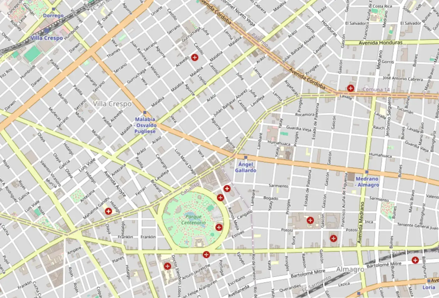 Map of the Villa Crespo area of Buenos Aires and its surrounding neighbourhoods